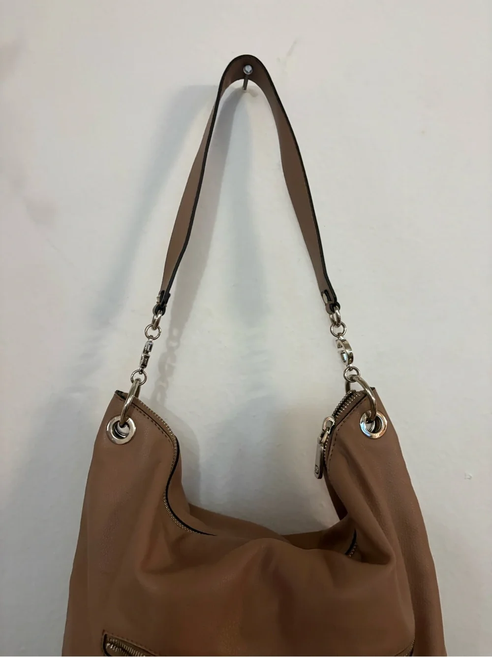 Guess Tan Pebbled Shoulder Hobo Bag with Silver Hardware